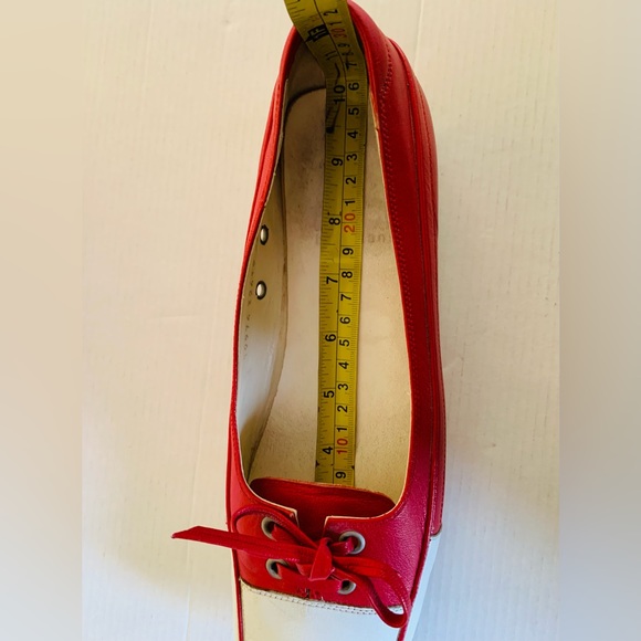 Red real leather comfortable no-slip walking shoes white cap toe cute tie bow 40 - Picture 10 of 10